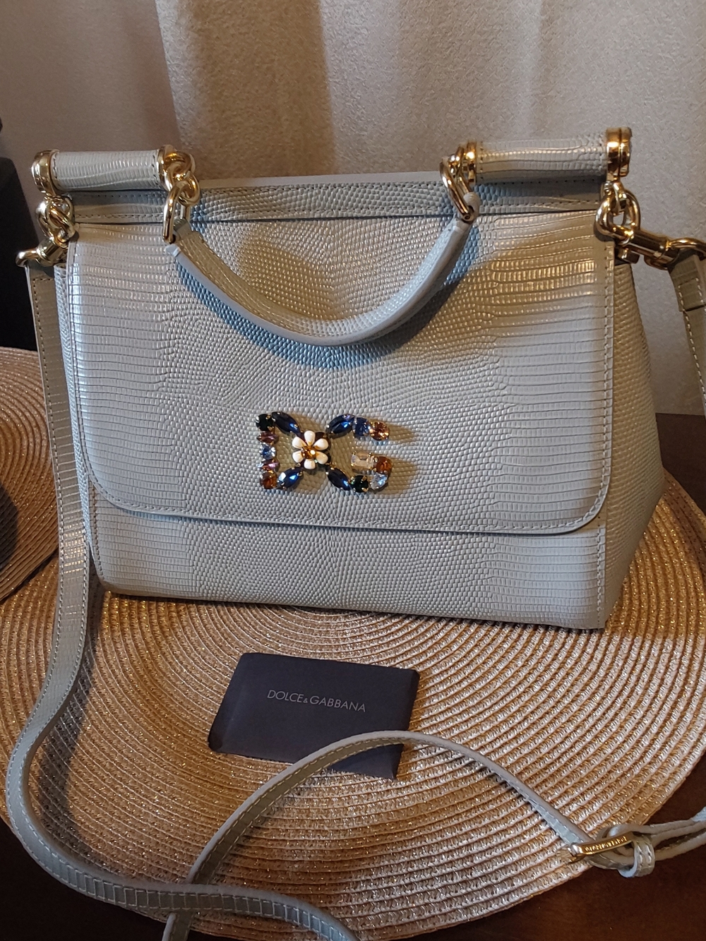 Dolce & Gabbana Light Gray Textured Top-Handle Satchel with Jeweled DG